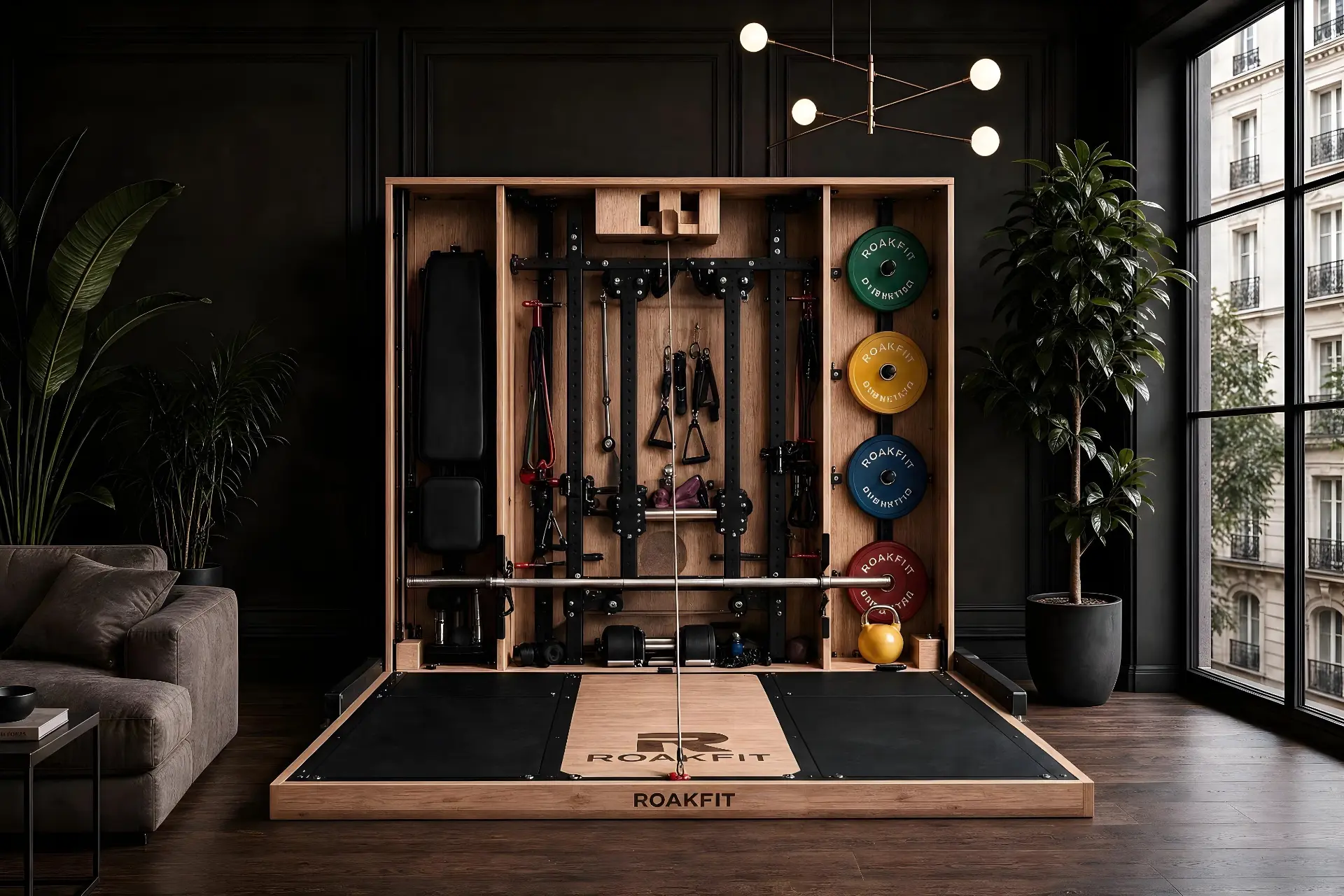 ROAKFIT open: rack, barbell and platform deployed from the cabinet