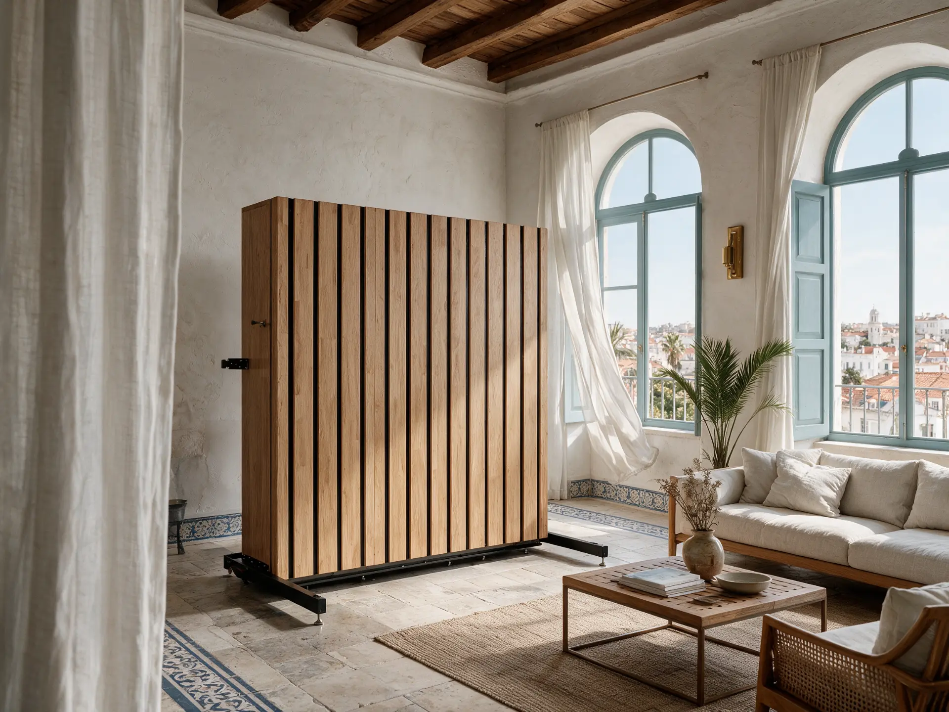 ROAKFIT closed: a slatted solid timber cabinet standing in the room